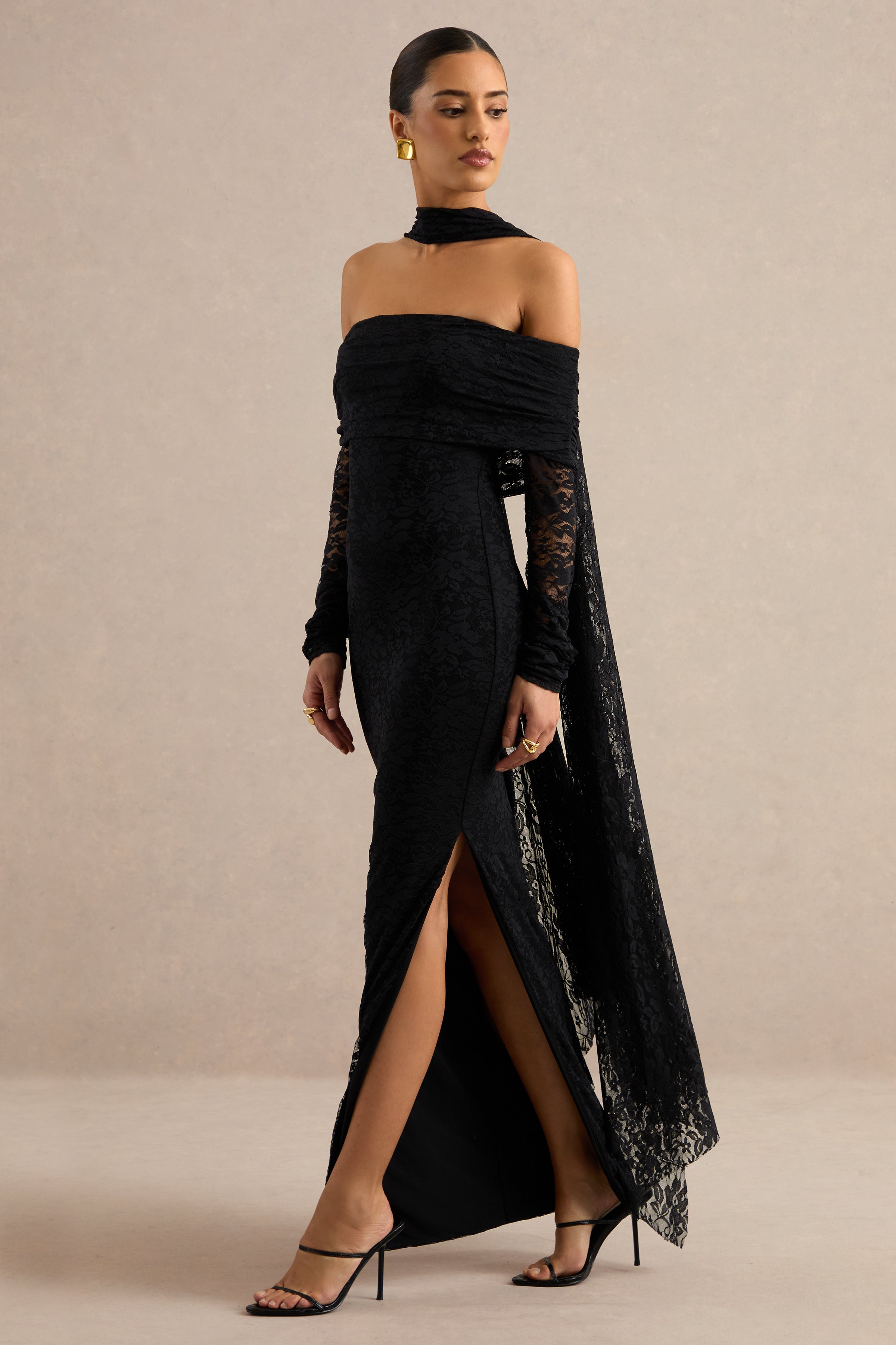 Maelora | Black Lace Bardot-Neck Maxi Dress With Scarf – Club L London
