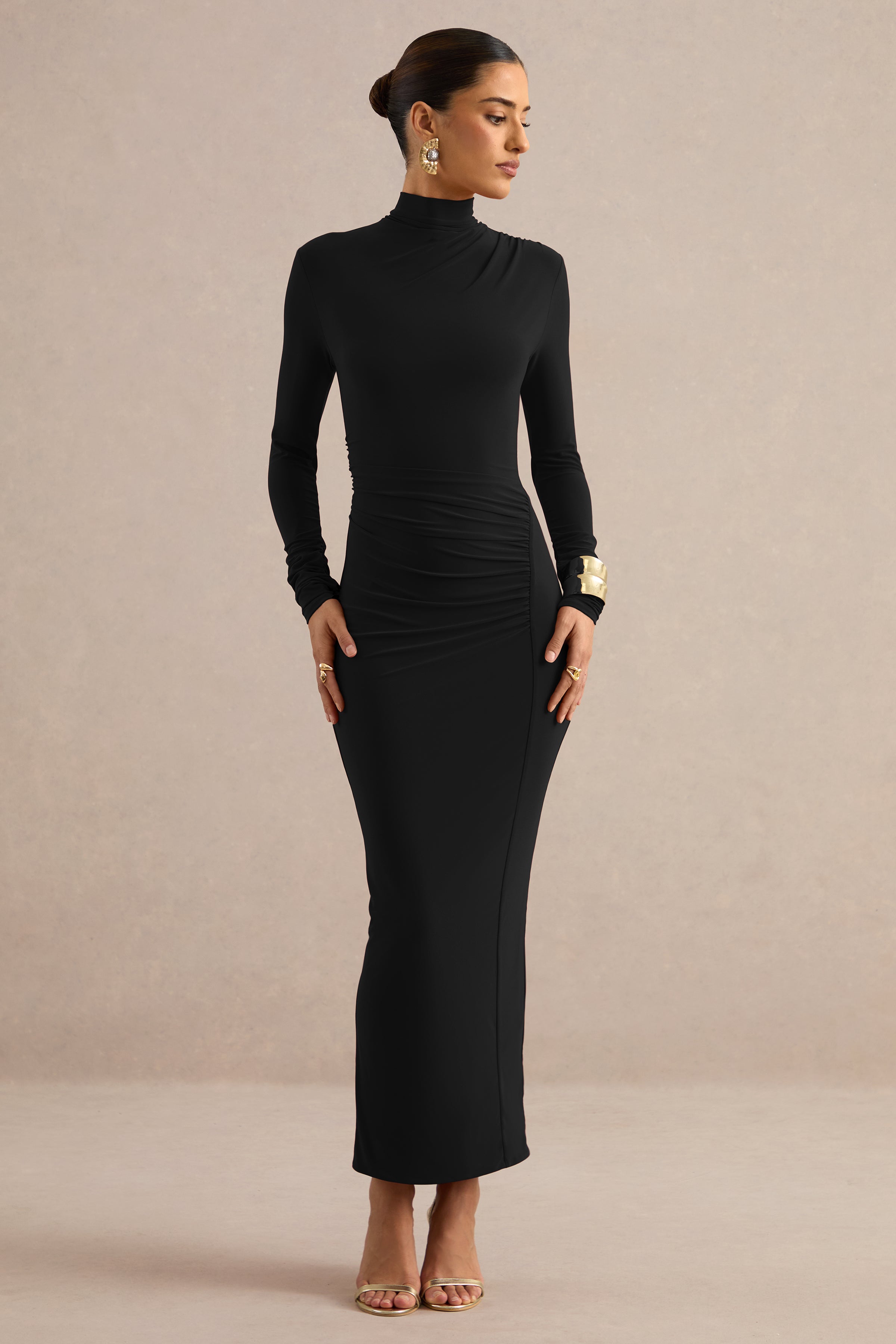 ankle length dress long sleeve Erienne | Black High-Neck Maxi With Ruched Detailing – Club L London Colour:GREYBEIGE Web Collection: Second Look and shows the floral Asymmetrical Blue Embellished Dress