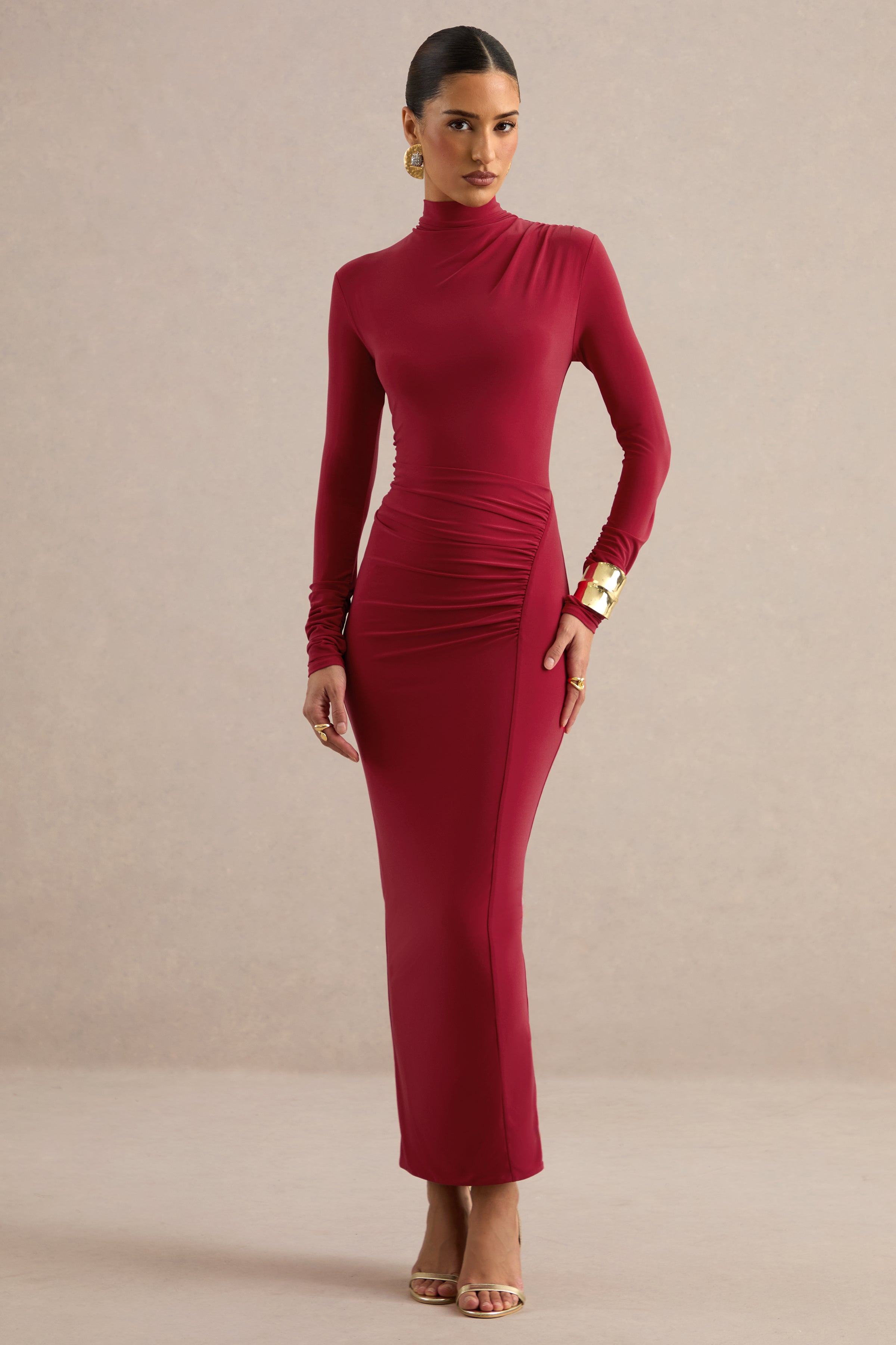 Erienne | Red Jersey High Neck Long Sleeve Maxi Dress With Gathered De – Club L London