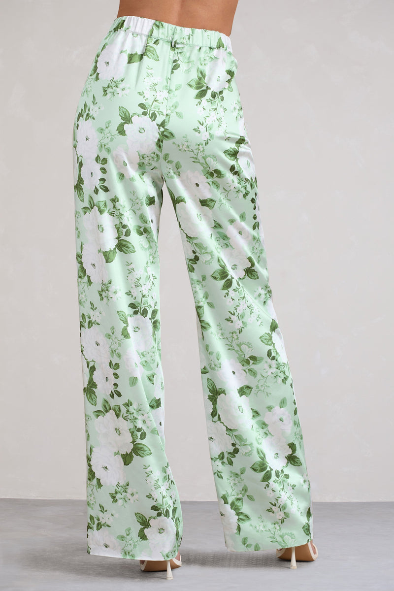 Thriving Vibes Bright Green Floral Print Satin Wide-Leg Pants