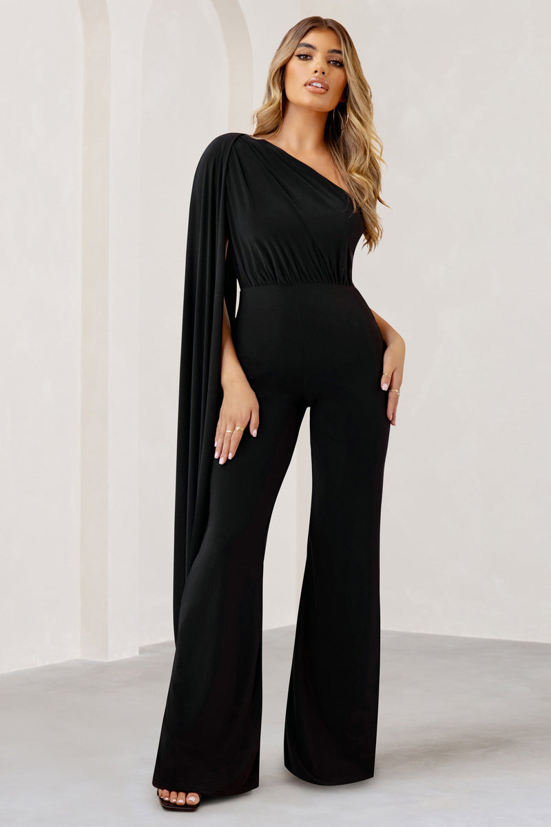 Aurora Black One Shoulder Cape Sleeve Jumpsuit – Club L London