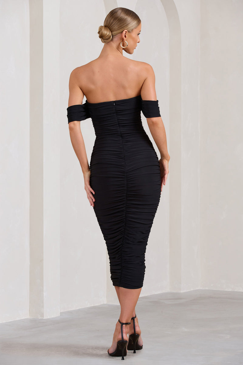 Lost For Words Black Bardot Ruched Draped Midi Dress Club L London USA