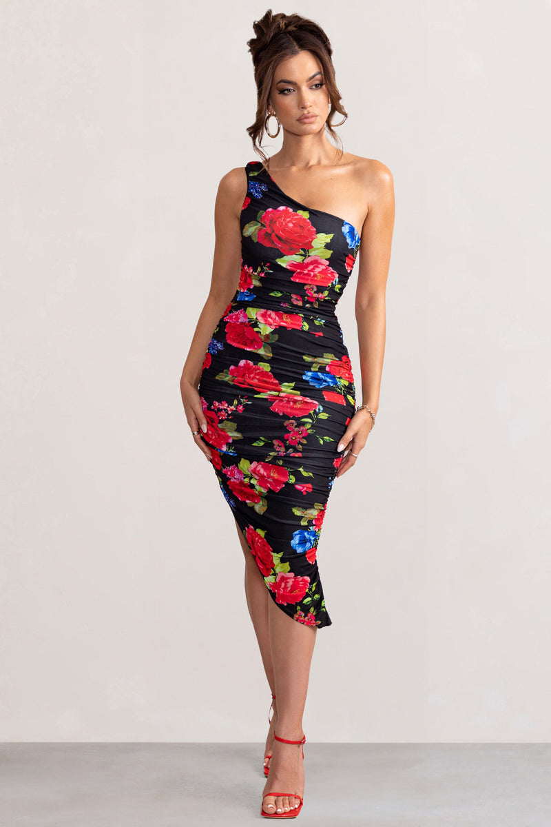 Late Night | Black Floral Print Asymmetric One Shoulder Ruched Midi Dress