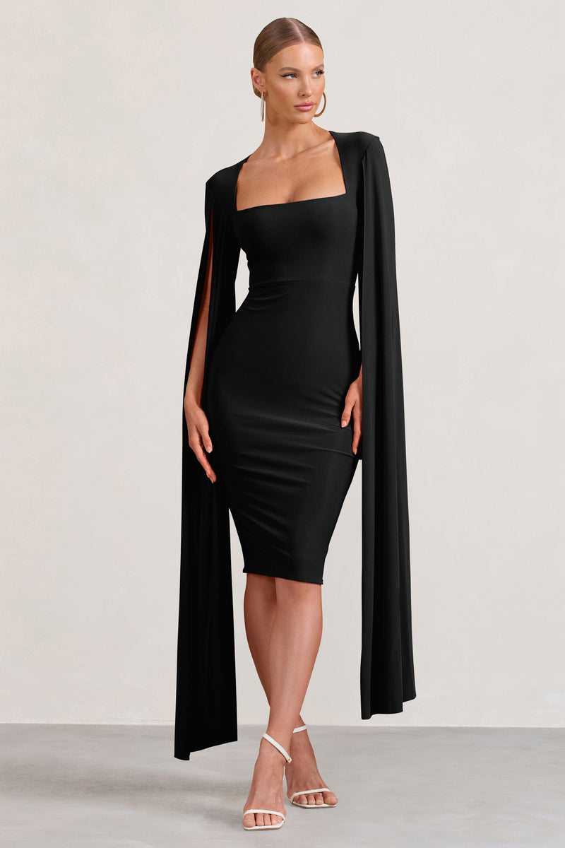 Leni Black Square Neck Long Sleeve Midi Dress with Tie Detail and Sp – Club  L London - USA