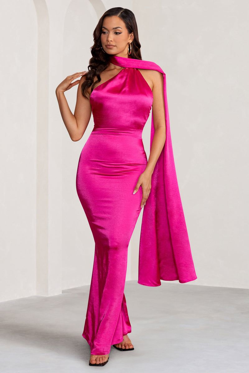 Dressing Up Hot Pink One Shoulder Maxi Dress With Open Back Detail