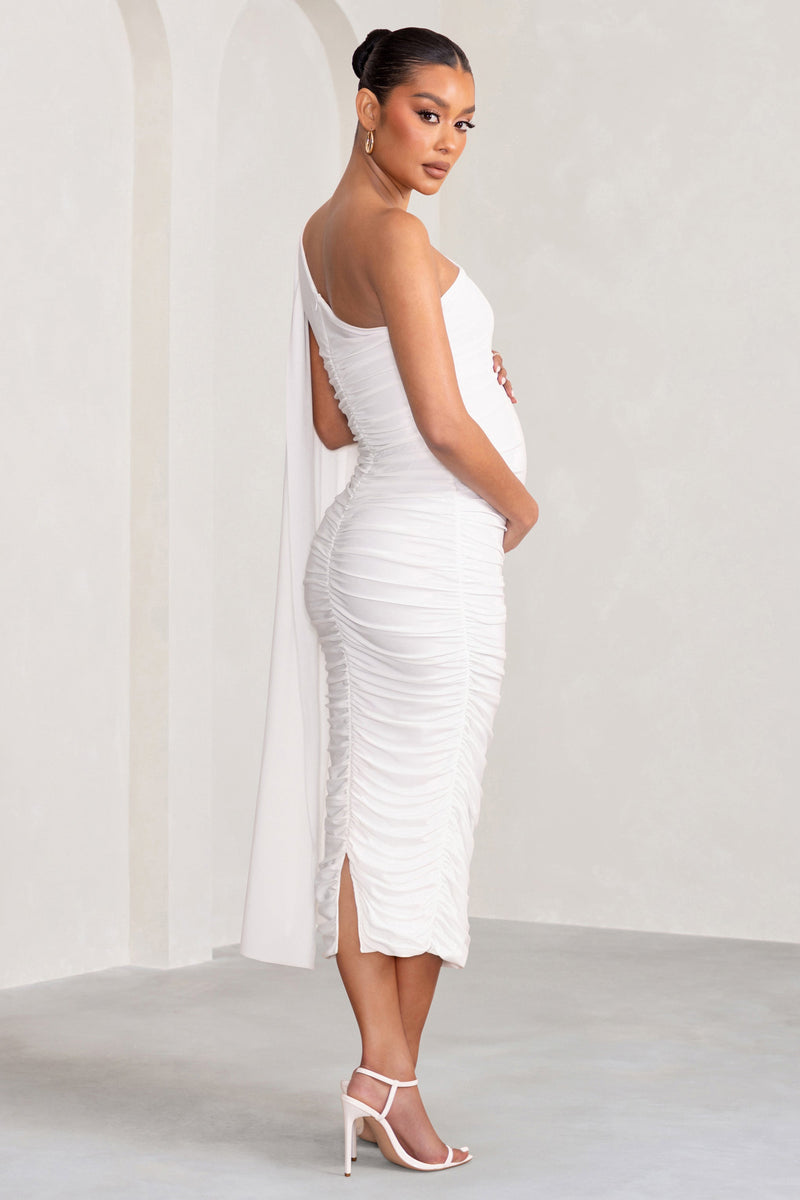 White one shoulder shop ruched slinky midi dress