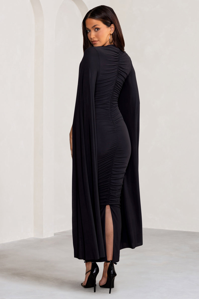 Georgiana Black Plunge Ruched Maxi Dress with Cape Sleeves – Club L London  - USA