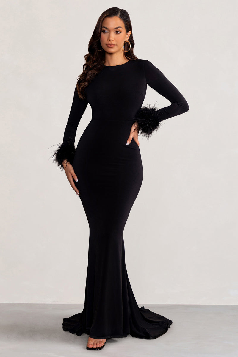 Betty | Black High Neck Long Sleeve Maxi Dress with Feather Cuffs