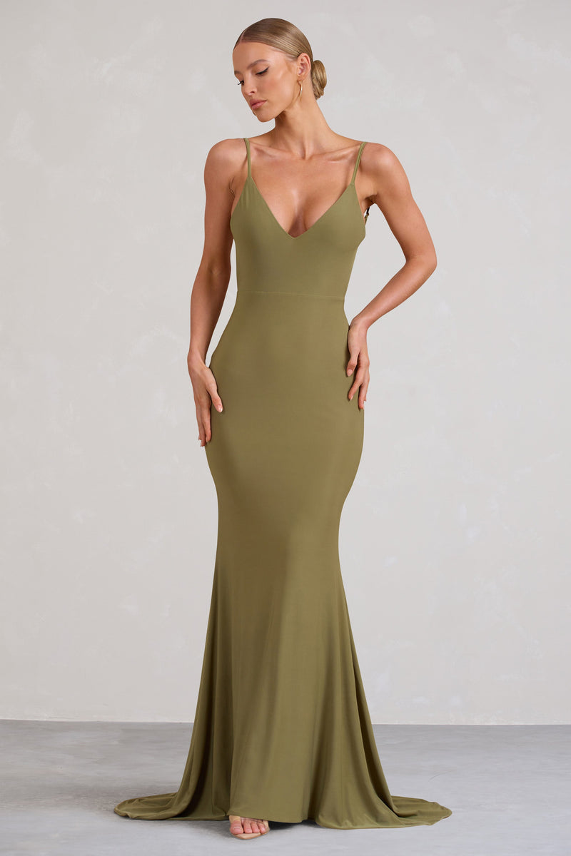 Endless Love Olive Backless Knot Detail Fishtail Maxi Dress Club L London USA