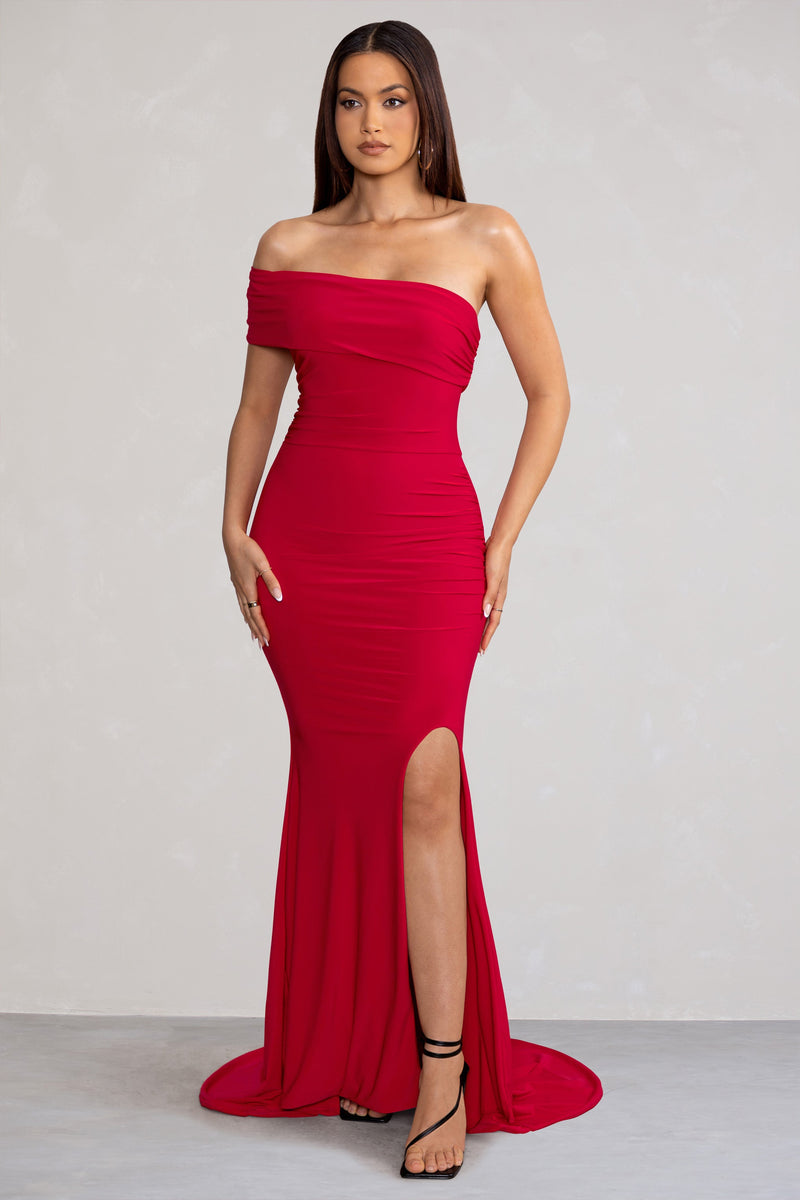 Forever & Always | Red One Shoulder Ruched Fishtail Maxi Dress