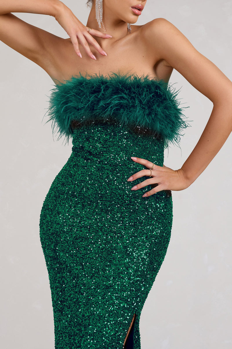 Old Money Bottle Green Bodycon Sequin Maxi Dress With Feather