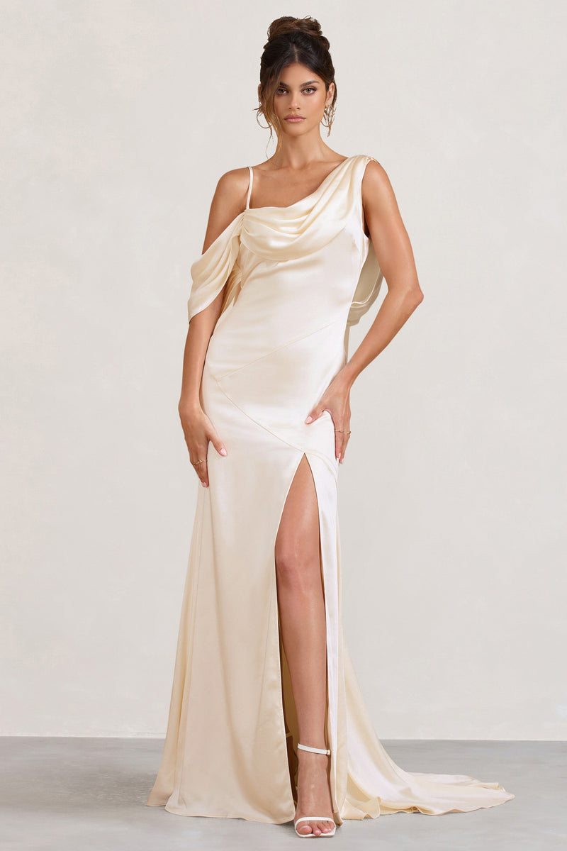 Jayne Cream Satin Asymmetric Draped Split Maxi Dress – Club L London - USA