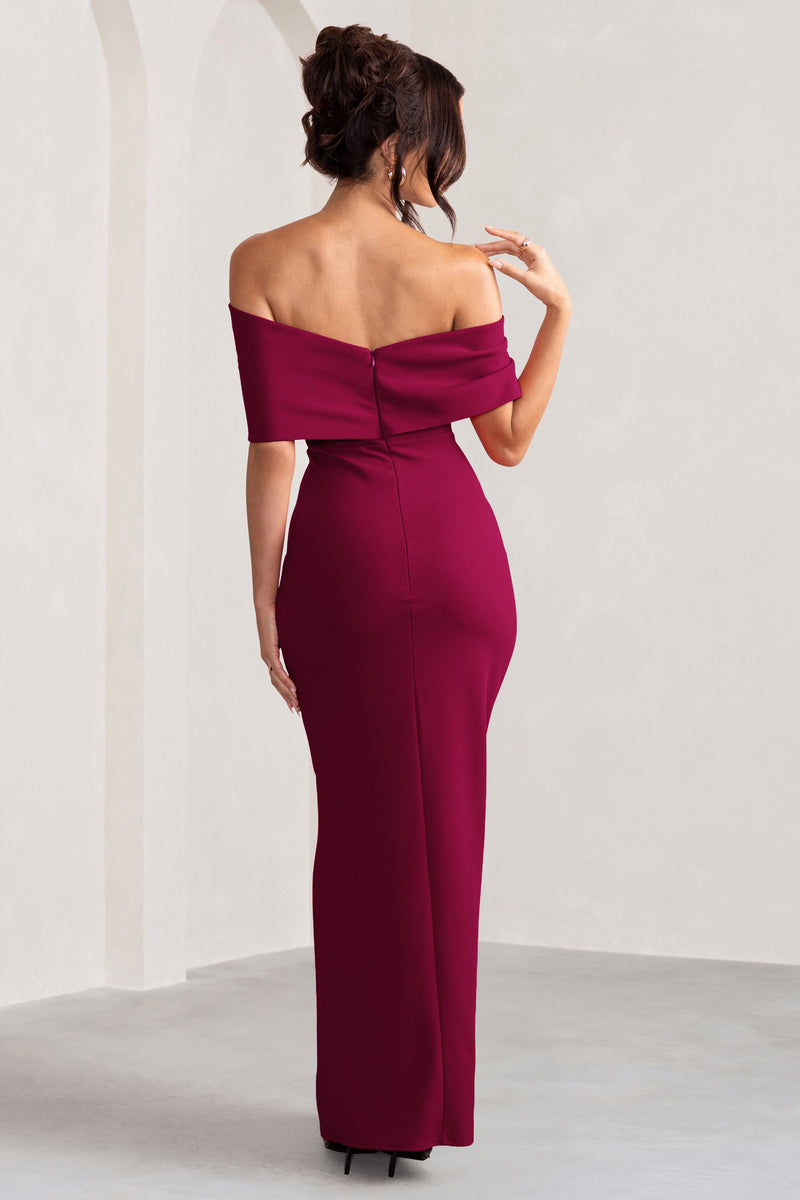 Burgundy bardot 2025 bridesmaid dress