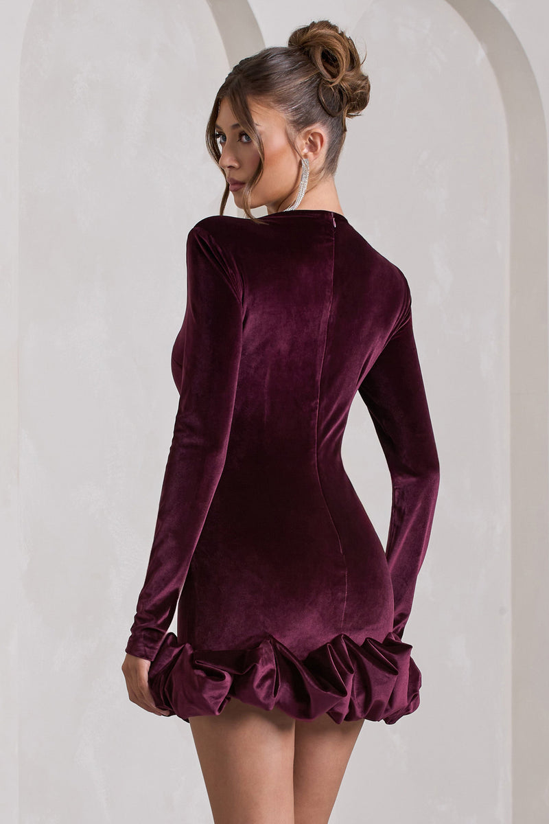 Claudine | Port Velvet Long-Sleeved Ruffled Mini Dress US 8 / Port Claudine | Port Velvet Long-Sleeved Ruffled Mini Dress US 8 / Port