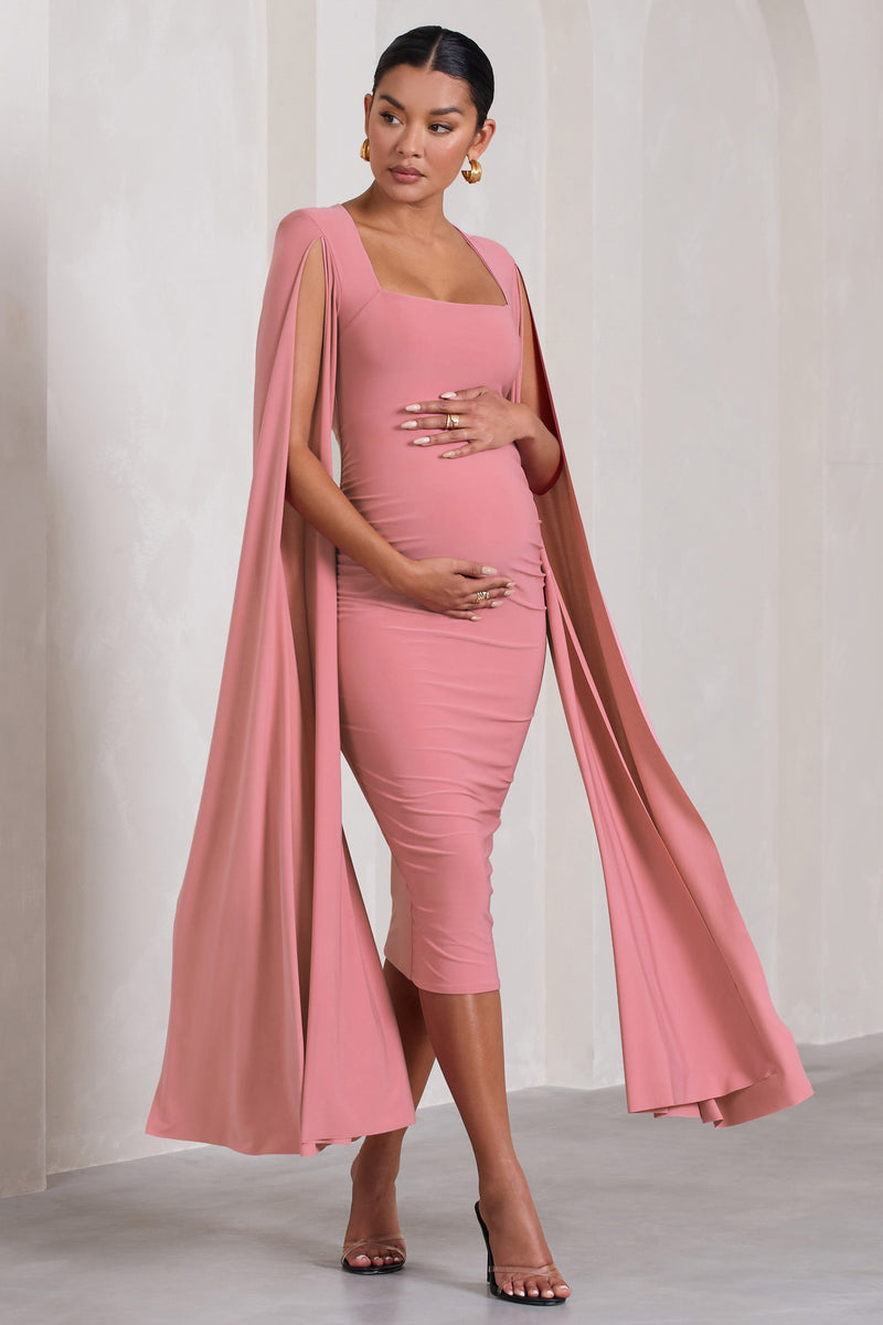 Flawless Blush Pink Maternity Square Neck Midi Dress With Cape 