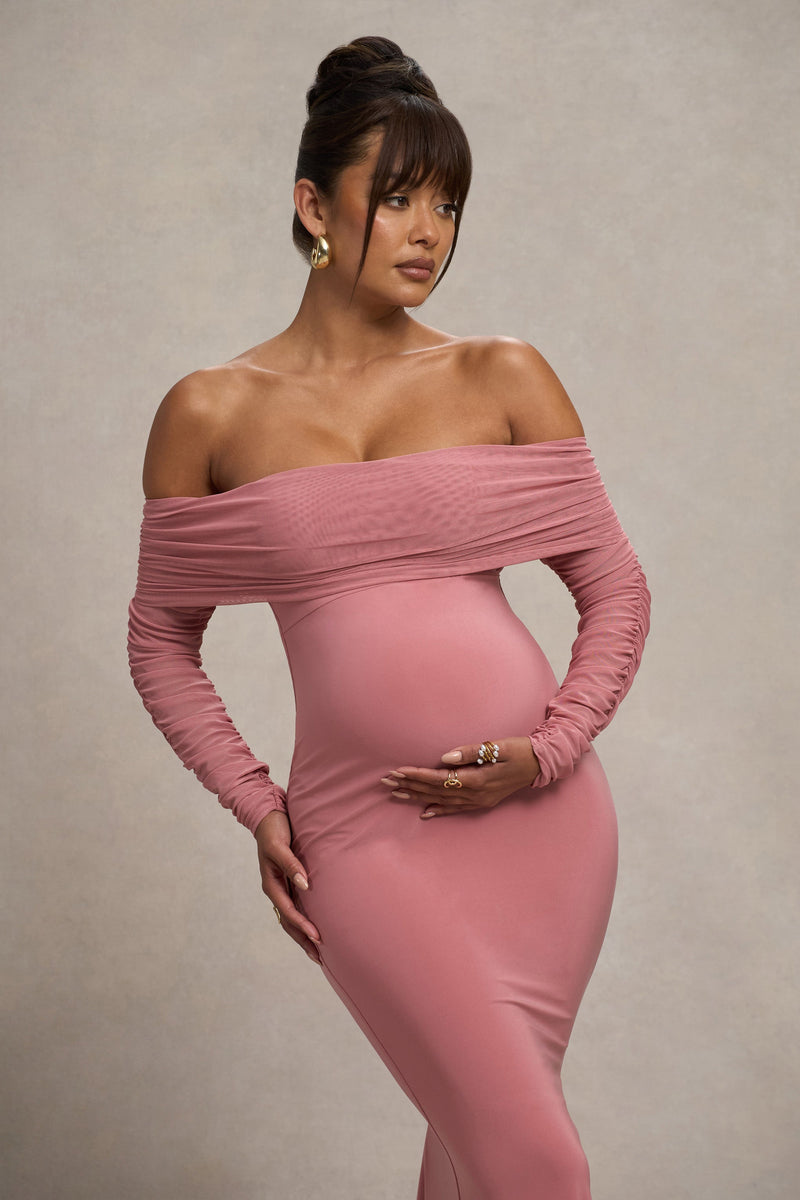 Pretty Perfect Blush Pink Maternity Ruched Mesh Bardot Maxi Dress Club L London - USA Pretty Perfect Blush Pink Maternity Ruched Mesh Bardot Maxi Dress Club L London - USA