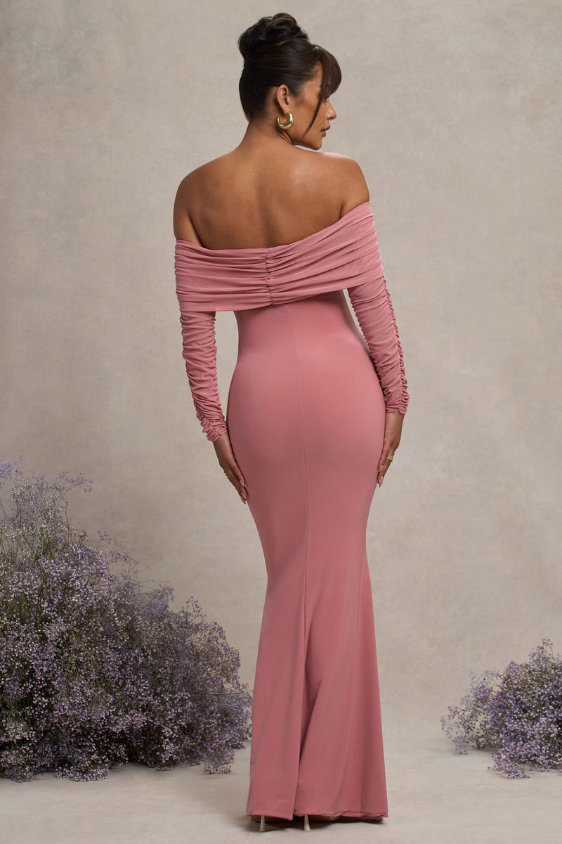 Pretty Perfect Blush Pink Maternity Ruched Mesh Bardot Maxi Dress Club L London - USA Pretty Perfect Blush Pink Maternity Ruched Mesh Bardot Maxi Dress Club L London - USA