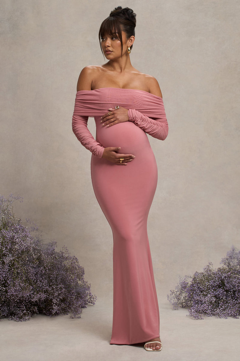 Pretty Perfect Blush Pink Maternity Ruched Mesh Bardot Maxi Dress