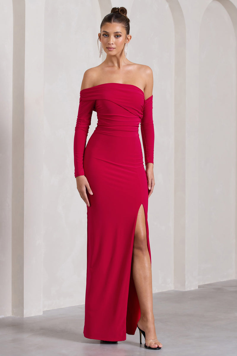 Stand Out Red Bardot Ruched Maxi With Sleeves And Side Split – Club L  London