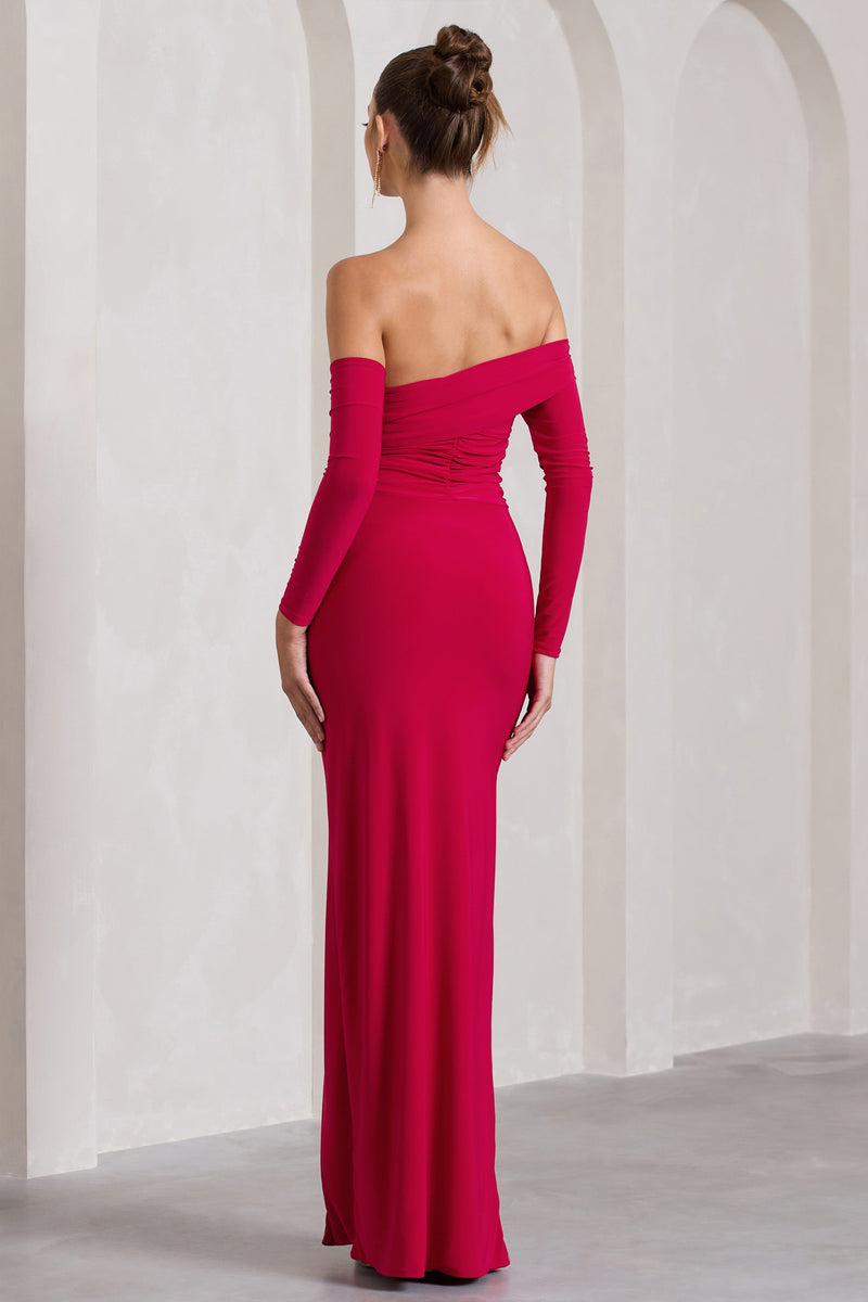 Stand Out Red Bardot Ruched Maxi With Sleeves And Side Split – Club L  London