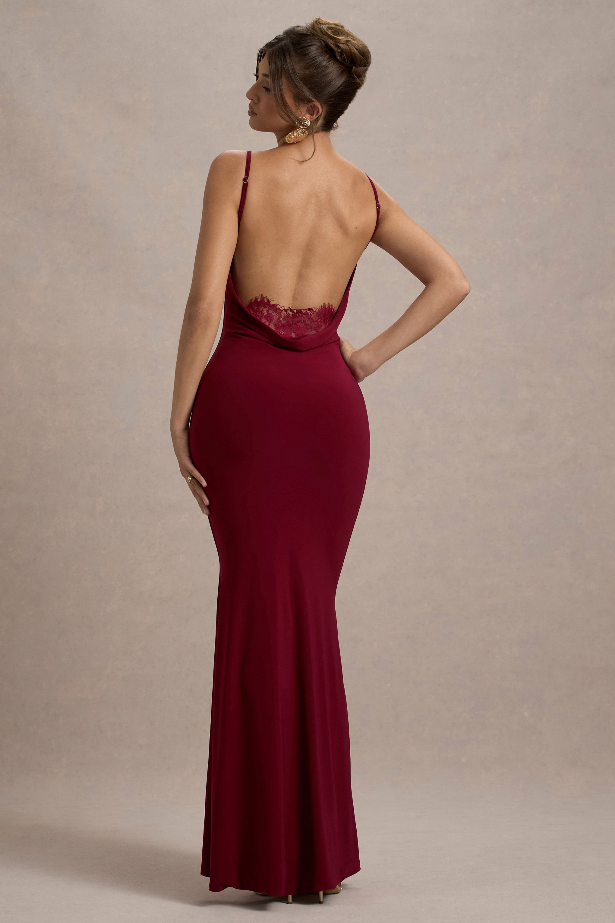backless red cocktail dress Francoise | Berry Cowl Neck Maxi With Lace Insert Size:M (US 4) Francoise brings femininity with sleeves:widestrap Cute White Dress -