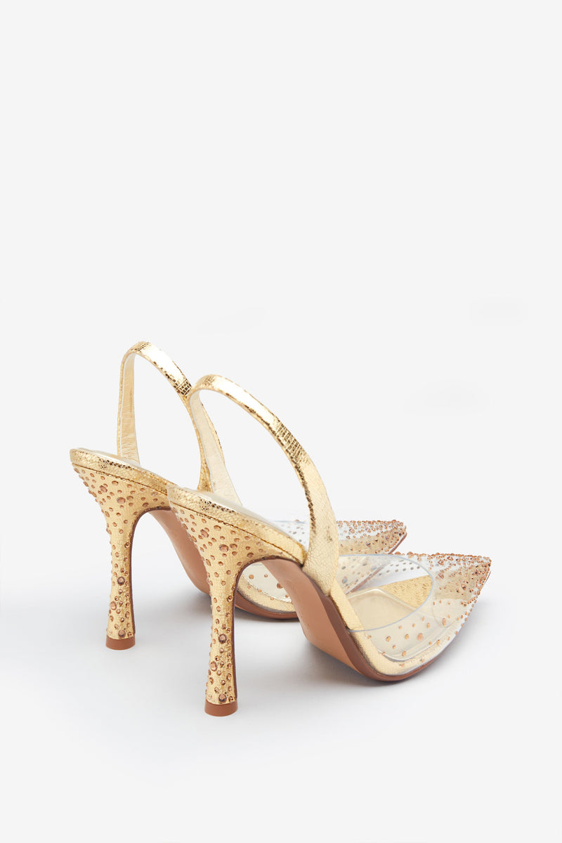 Covergirl Gold Diamante Sling Back Pointed Heels – Club L