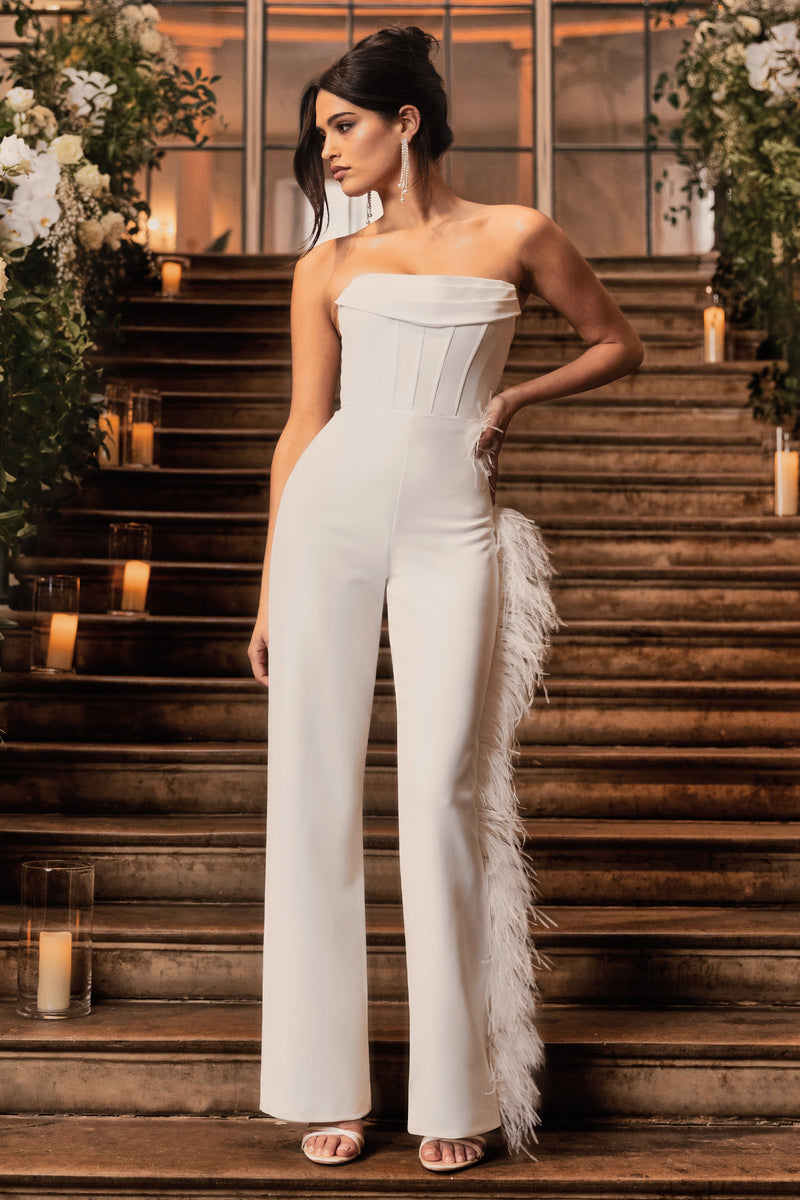 Blue And White Satin Strapless Jumpsuit Formal With Feathers