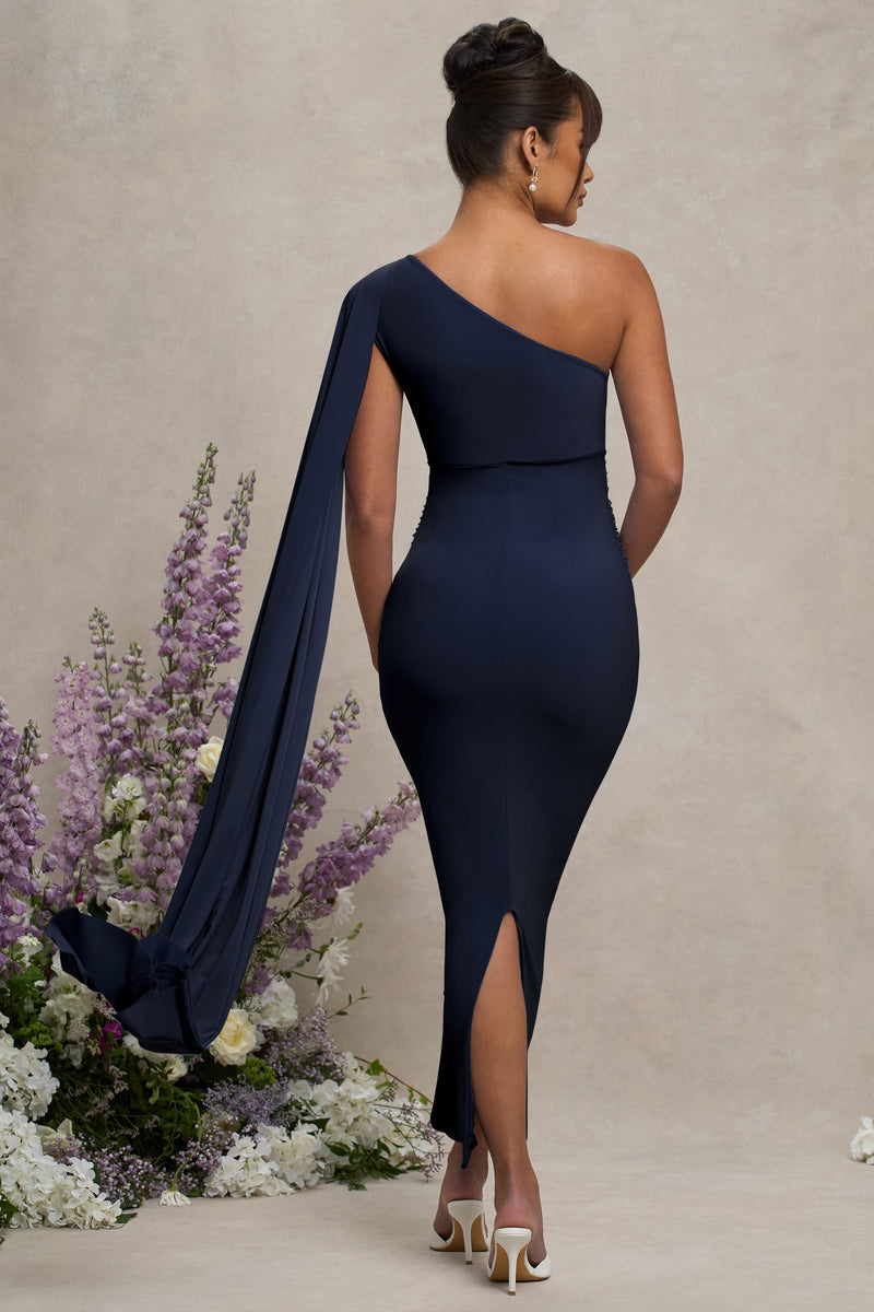 Amaryllis Navy Maternity One Shoulder Maxi Dress with Cape