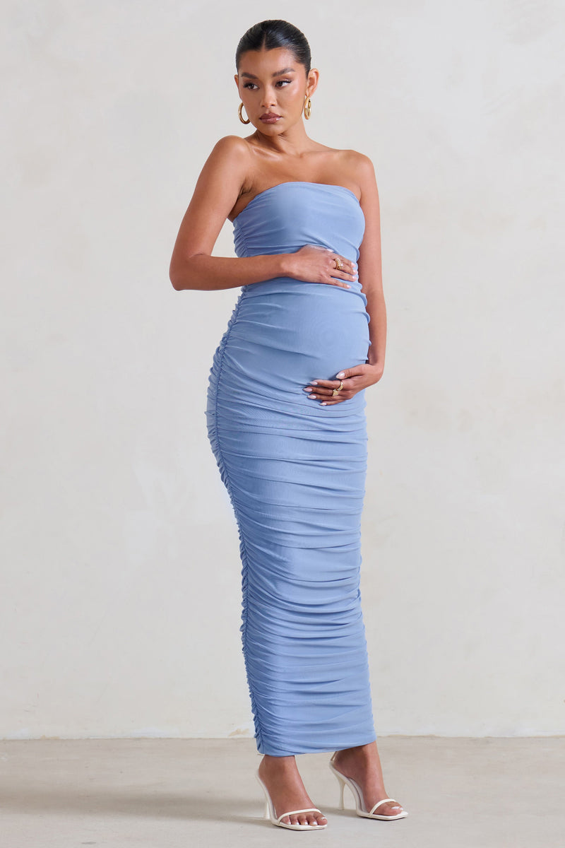 My Lady Maternity Blush Pink Strapless Bodycon Ruched Mesh Maxi