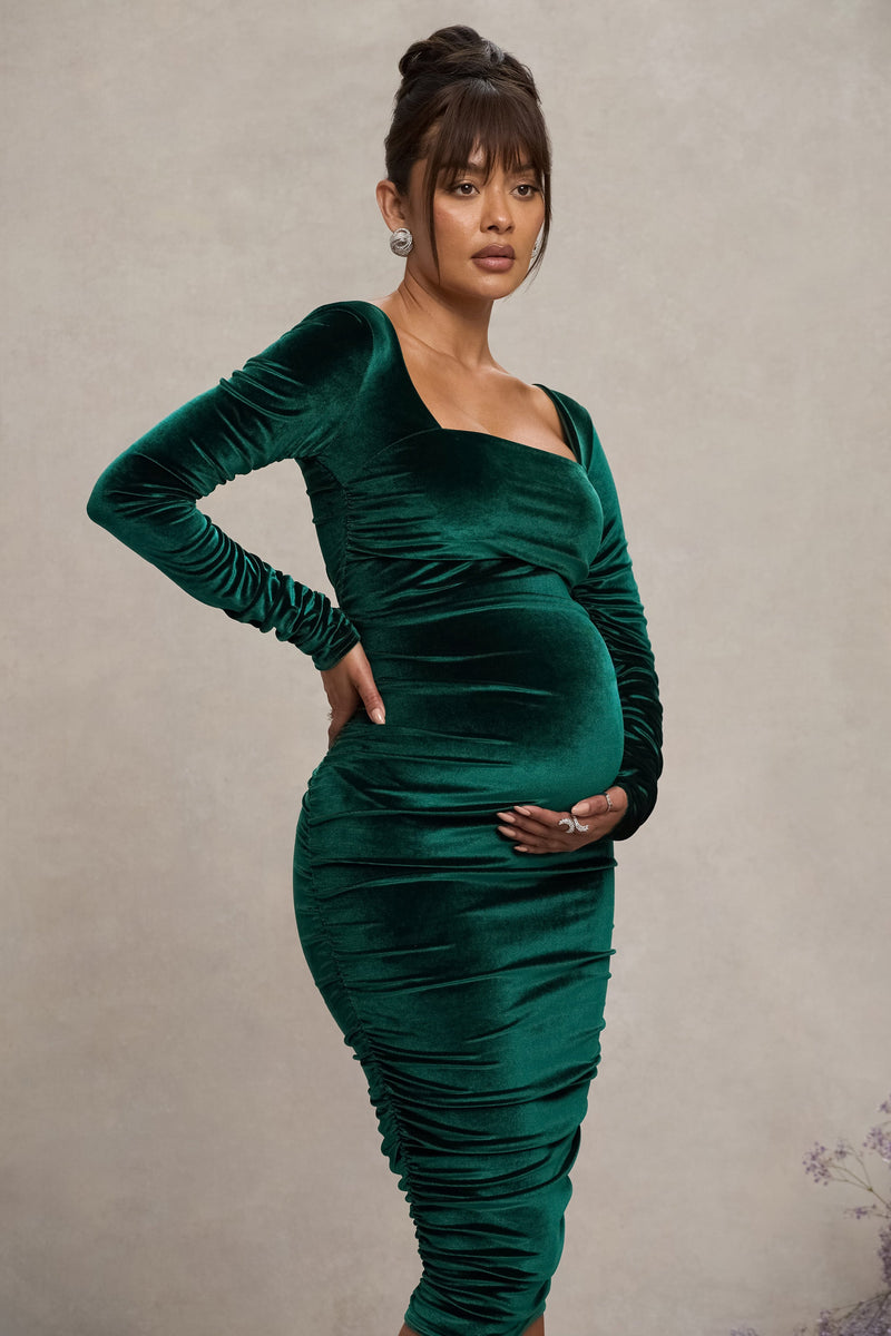 New Life | Bottle Green Velvet Maternity Square Neck Ruched Midi Dress US 12 / Bottle Green New Life | Bottle Green Velvet Maternity Square Neck Ruched Midi Dress US 12 / Bottle Green