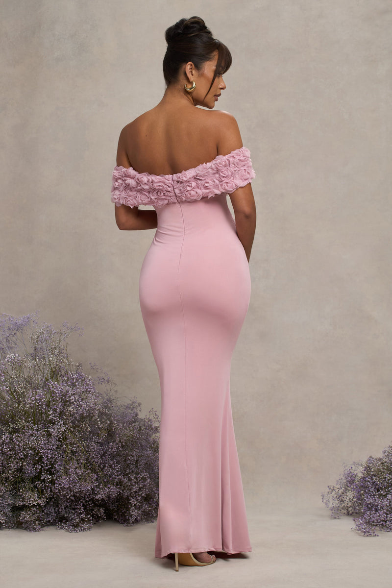 Inflorescence Blush Pink Mesh Floral Bardot Maternity Maxi Dress Club L London - USA Inflorescence Blush Pink Mesh Floral Bardot Maternity Maxi Dress Club L London - USA