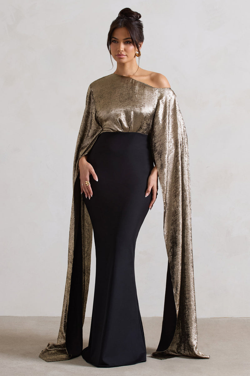 Alura | Black & Gold Metallic One Shoulder Cape Maxi Dress