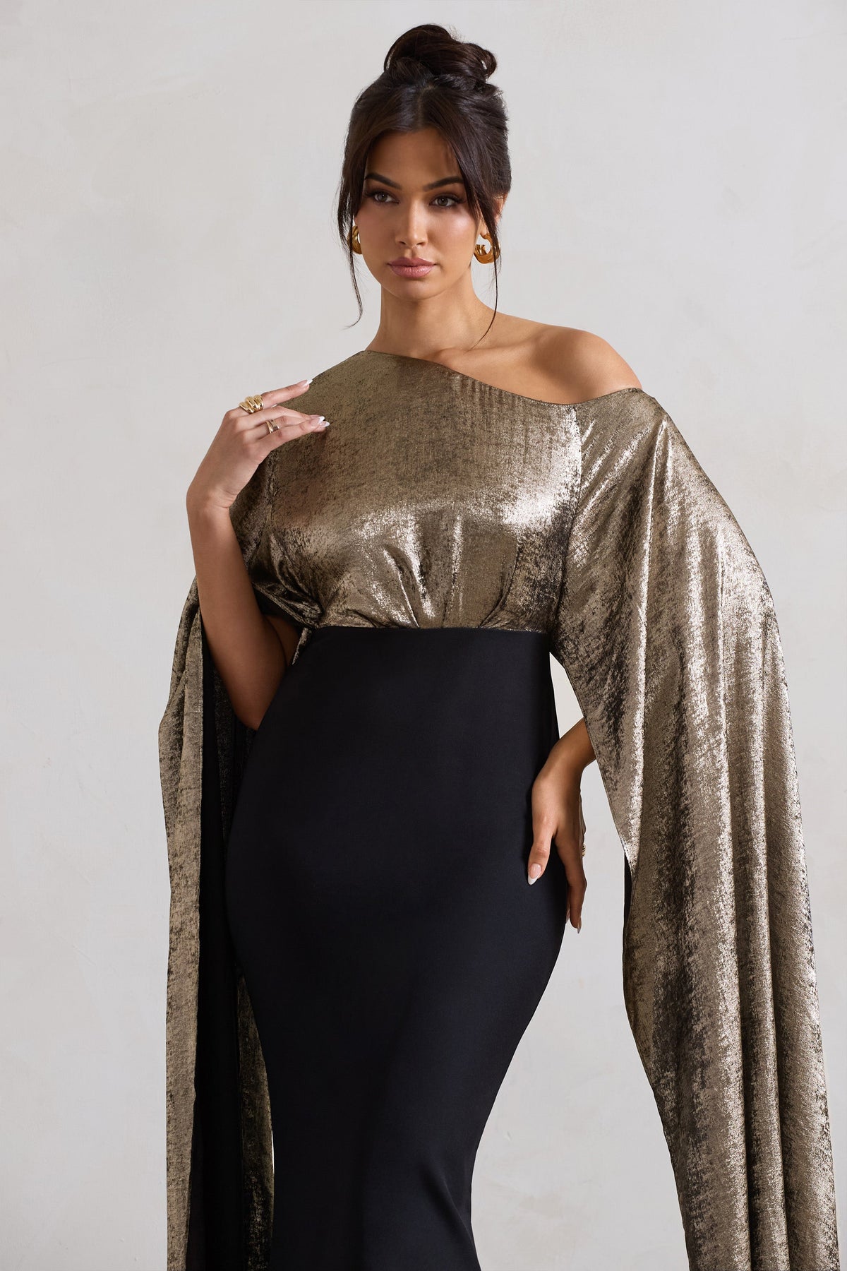 Alura | Black & Gold Metallic One Shoulder Cape Maxi Dress