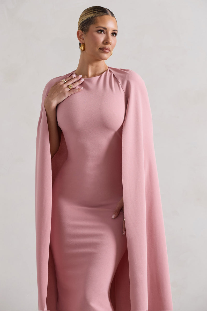Rafaela Blush Pink Bodycon Midi Dress With Cape Sleeves Club L London