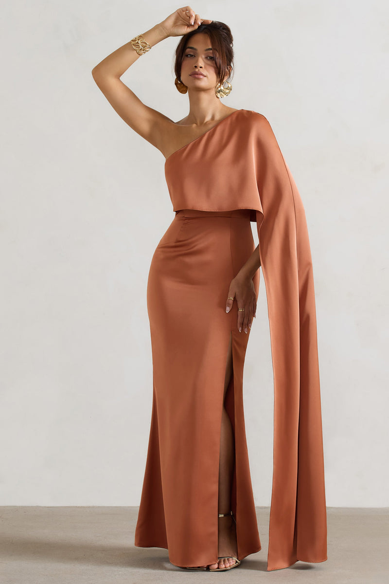 Amora Rust Satin Asymmetric Cape-Sleeve Split Maxi Dress