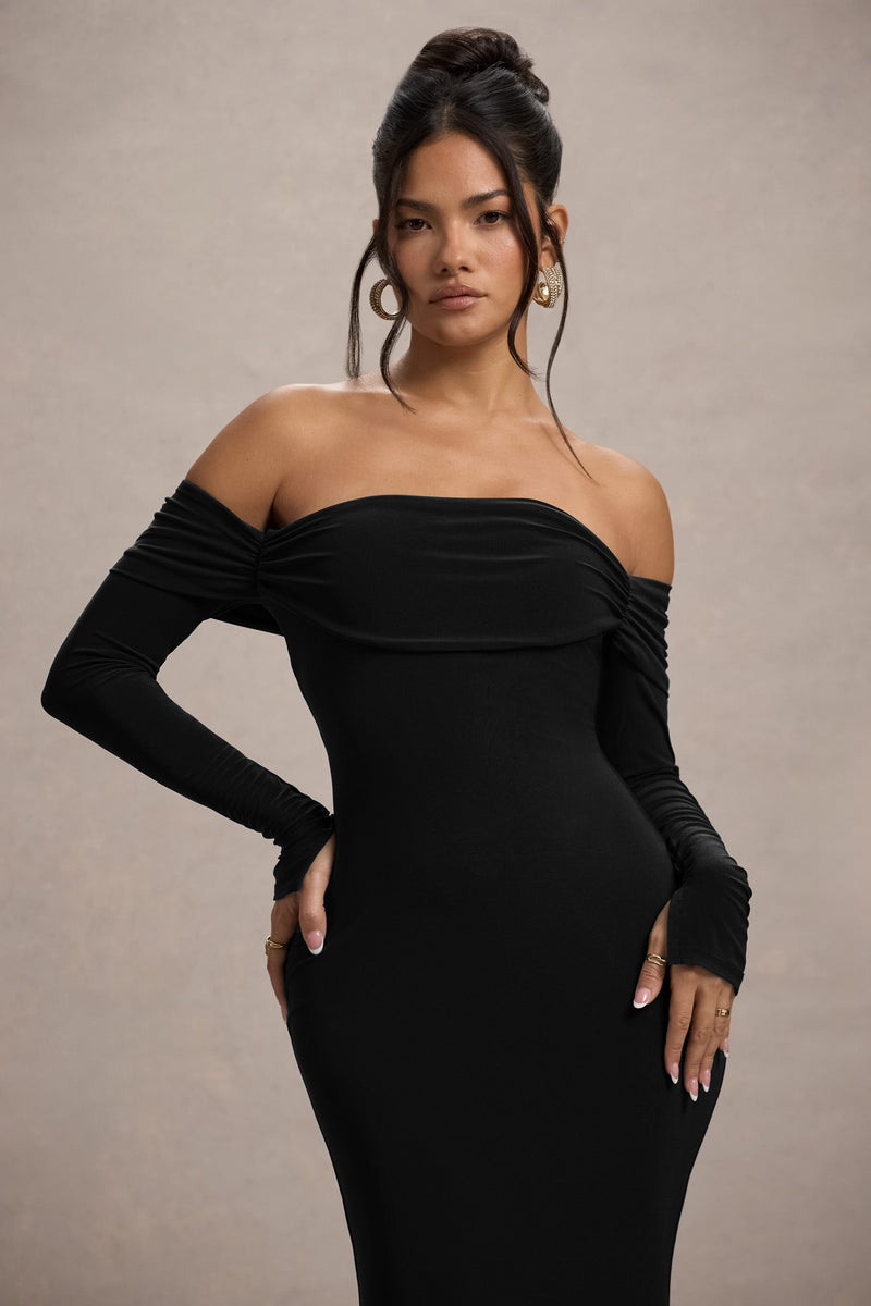 Amaia | Black Bardot Long-Sleeve Maxi Dress - UK 12 Black Amaia | Black Bardot Long-Sleeve Maxi Dress - UK 12 Black