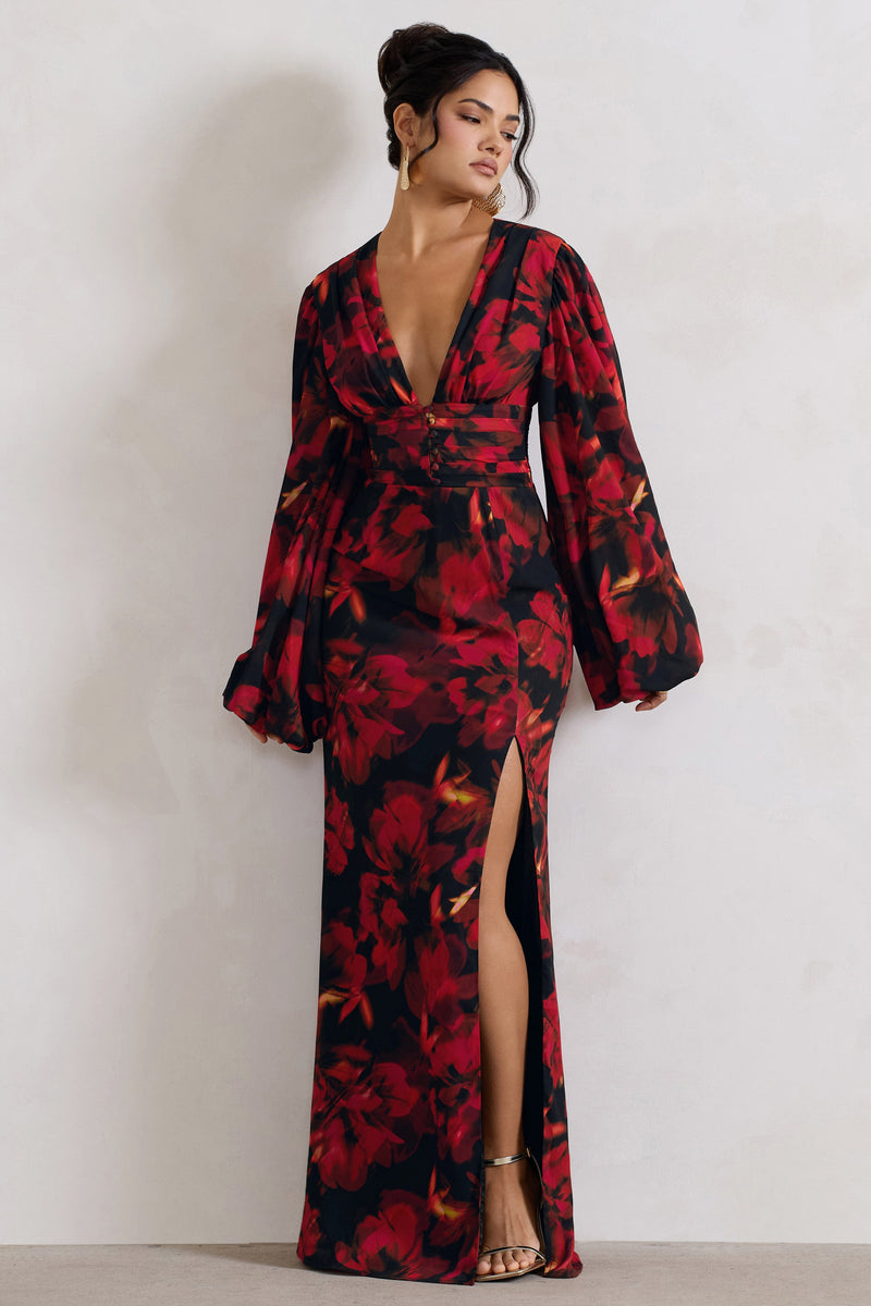 Casarile Red Floral Print V Neck Balloon Sleeve Maxi Dress Club L London USA