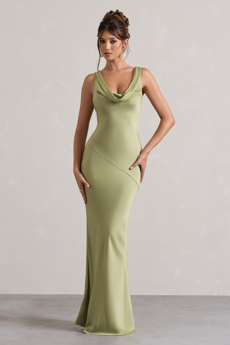 Alesso Light Olive Satin Cowl-Neck Maxi Dress – Club L London