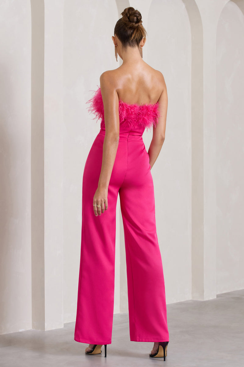 First Class Hot Pink Bandeau Feather Wide Leg Jumpsuit – Club L