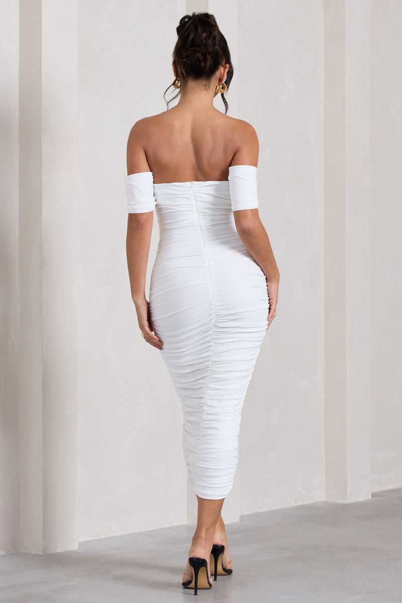 White bardot wrap over midaxi dress Clearance