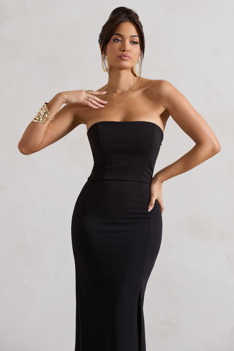 Belle of The Ball | Black Bandeau Maxi Dress With Split Hem
