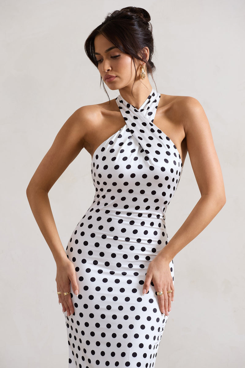 tope cross strap dress チェック柄 Unstoppable White Polka Dot Satin Cross Over Halter Neck