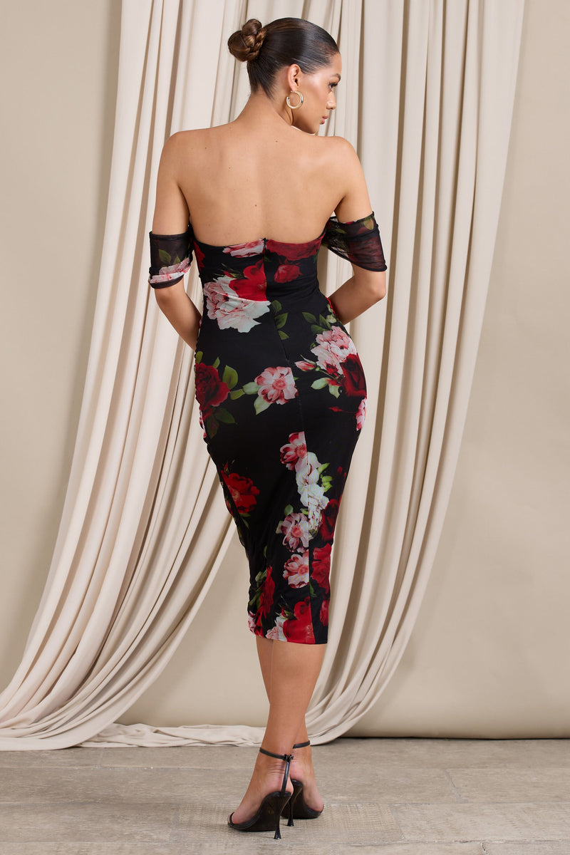 Gracious | Black Floral Print Bardot Ruched Mesh Bodycon Midi Dress