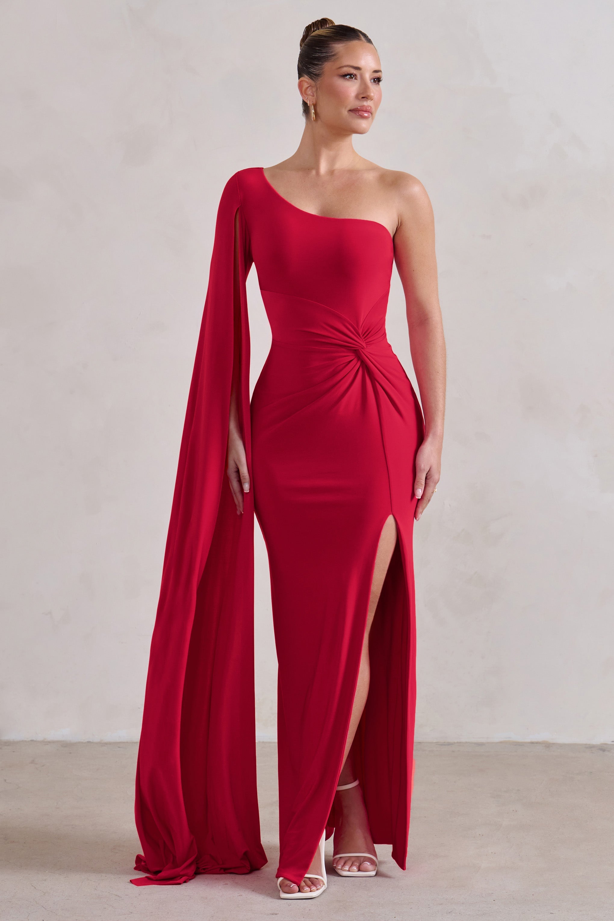Romi | Red One Shoulder Twist Design Maxi Dress – Club L London