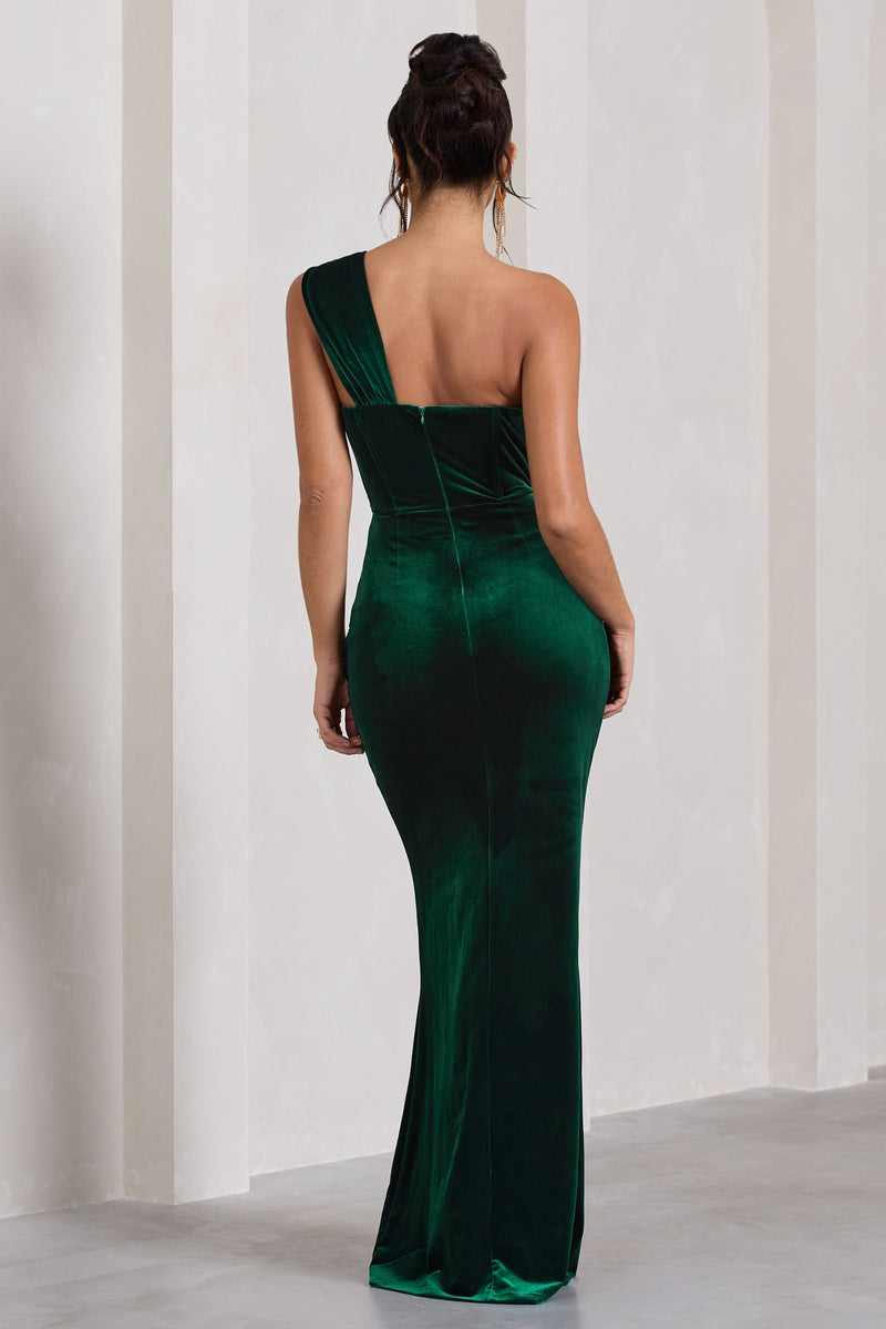 Jessica | Bottle Green Velvet One Shoulder Corset Style Wrap Maxi Dress