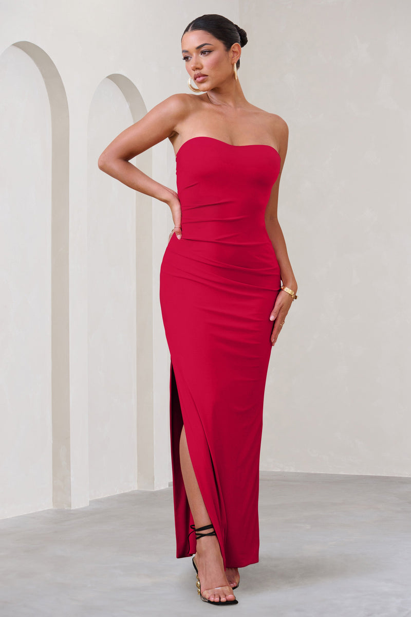 Manon Red Sweetheart Bandeau Maxi Dress With Thigh Split 