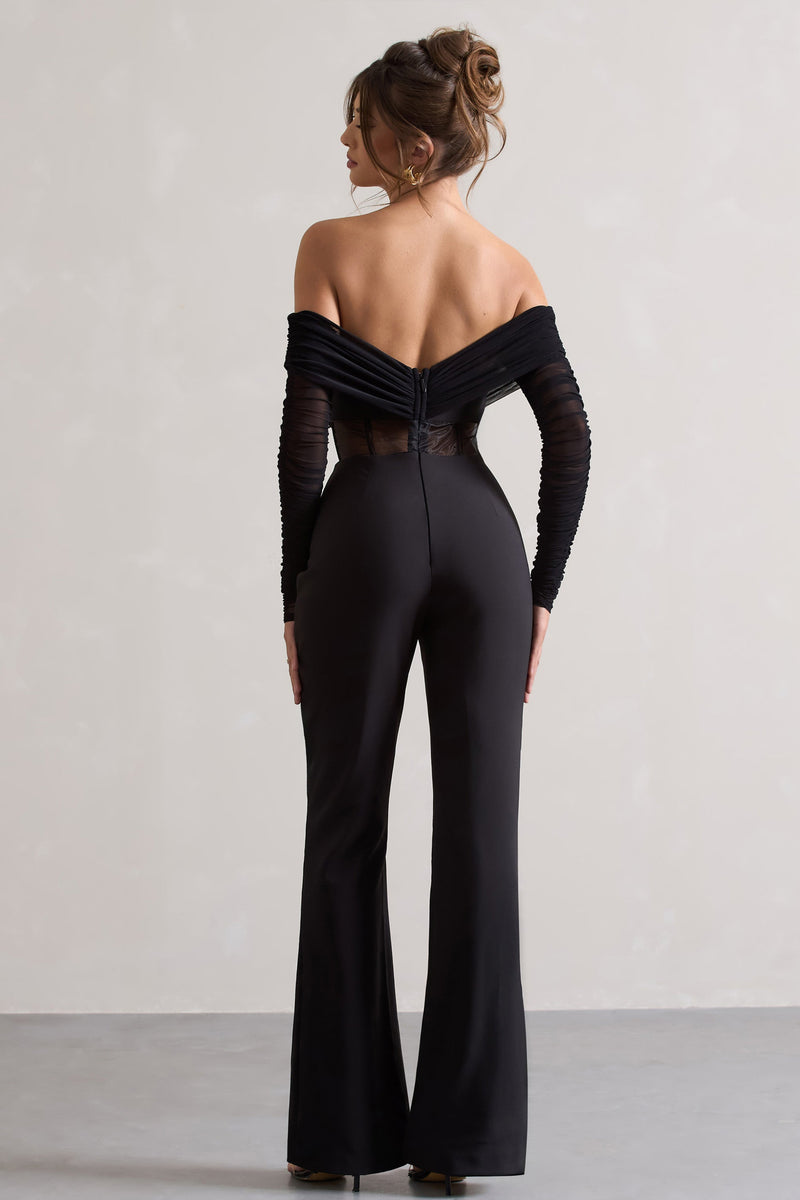 Into The Night Black Sheer Bardot Long-Sleeved Corset Jumpsuit – Club L ...