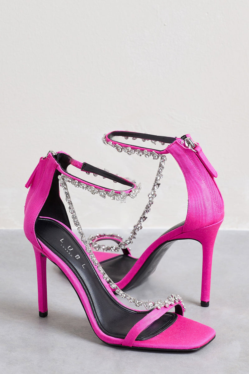 Oh Please | Pink Strappy Heeled Sandals with Diamante Chains, US 10 / Pink