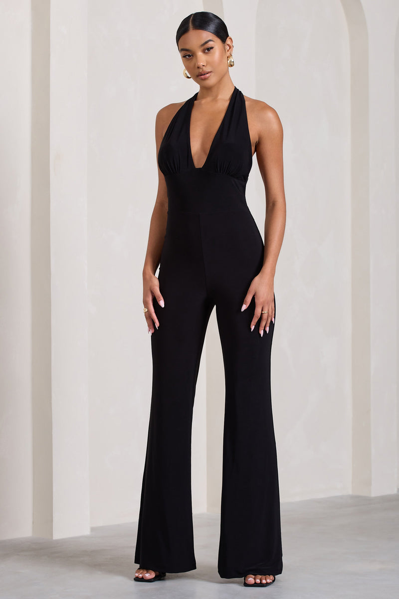 Lexie Black Halter-Neck Sleeveless Flared-Leg Jumpsuit – Club L London - USA