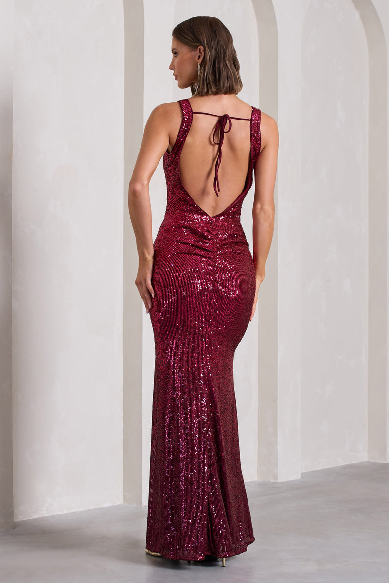 Yvonne Plum Sequin Open-Back Bodycon Maxi Dress – Club L London